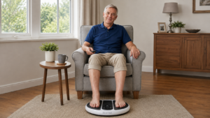 A man sits on a sofa whilst using a Revitive for swollen and sore legs and feet
