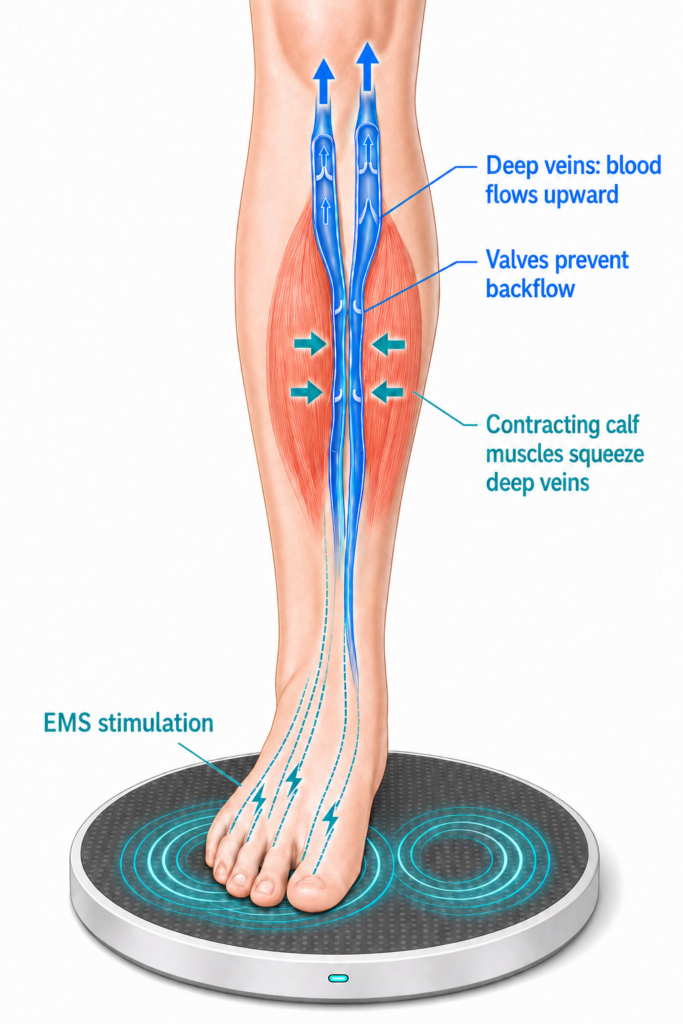 Diagram showing how EMS stimulation can contract the muscles of the calves helping to send used venous blood back to the heart.