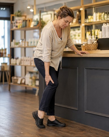 A woman with sore legs from standing all day at work.